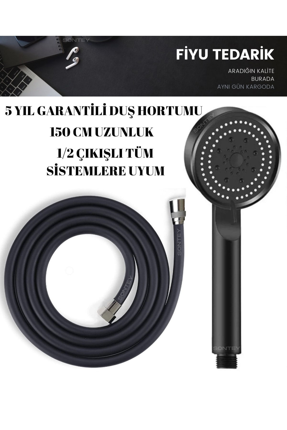 Siyah Spa Duş Başlığı & Garantili Siyah Duş Hortumu Duş Başlığı Seti Duş Fiskiyesi