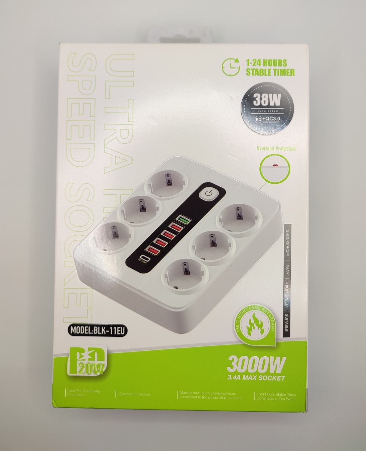 Akım Korumalı 6'lı Grup Priz, 5'li USB Şarj,1 Adet Type-C Şarj Girişi, 2 M KABLO,3000W (Beyaz)