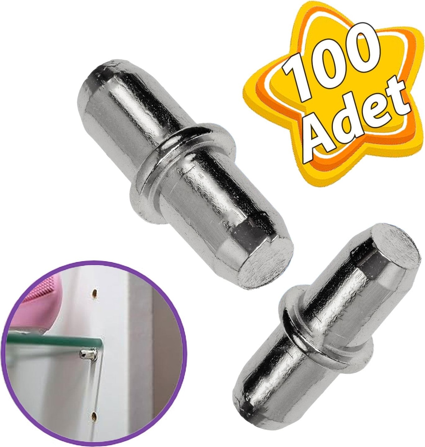 Metal Halkalı Raf Pimi Cam Ahşap Metal Raf Tutucu Çivisi Mobilya Dolap Pimi (100 Adet)