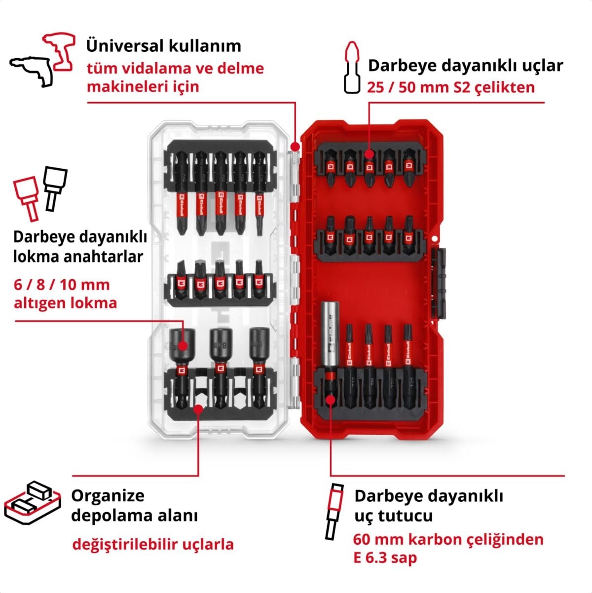 EİNHELL S-Case 28 Parça Darbeye Dayanıklı Bits Uç Seti - 49108703