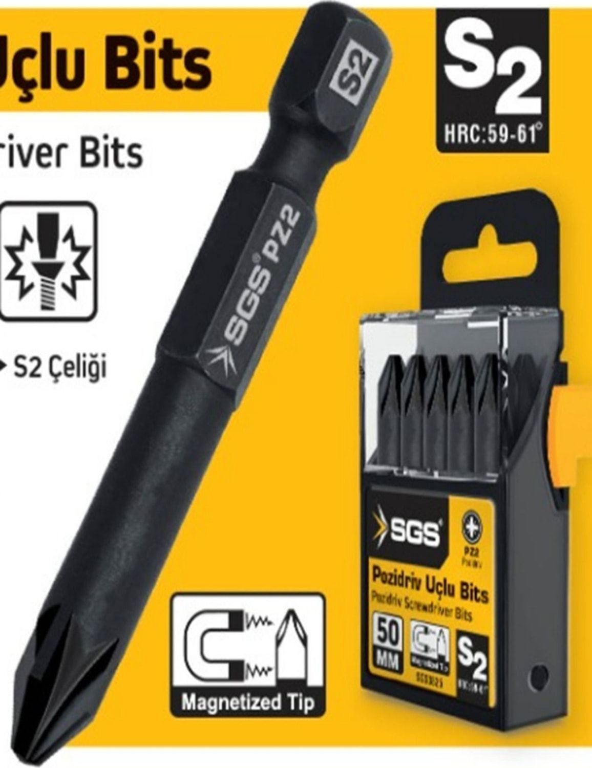 SGS 10 Adet  Yıldız Uçlu Bits Pz2 50 mm S2 Çeliği Mıknatıslı