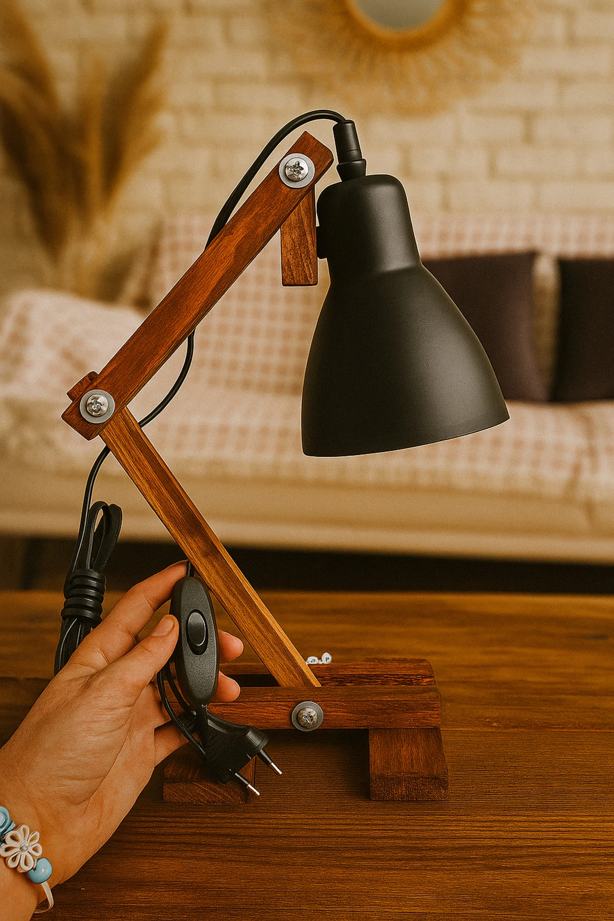 Ahşap Boheme Masa Lambası Katlanabilir Anahtarlı 2Mt Kablo Uzunluğu Ev Dekorasyon Masanızdaki Ahenk