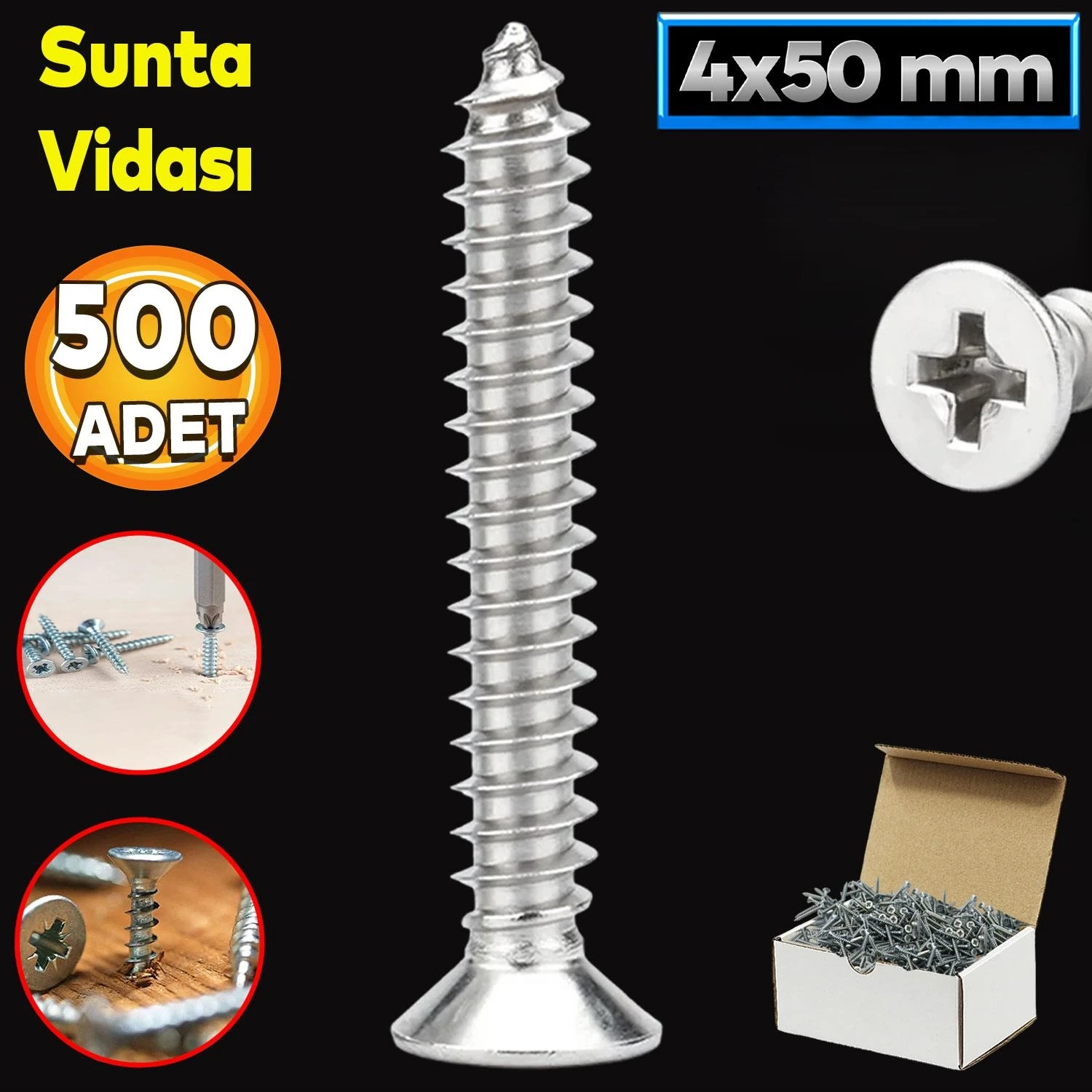 Sunta Vidası 4X50 Paket 500 Adet Sivri Uçlu Ahşap Tahta Ağaç Mobilya Ayak Kulp Vidası