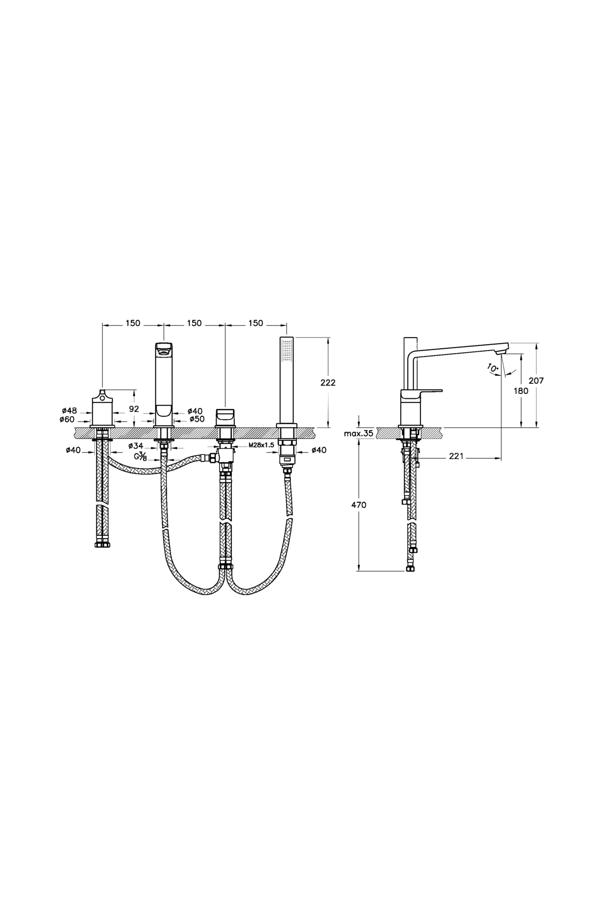 Suit L A42529 Küvet Bataryası, 4 Delikli, Krom