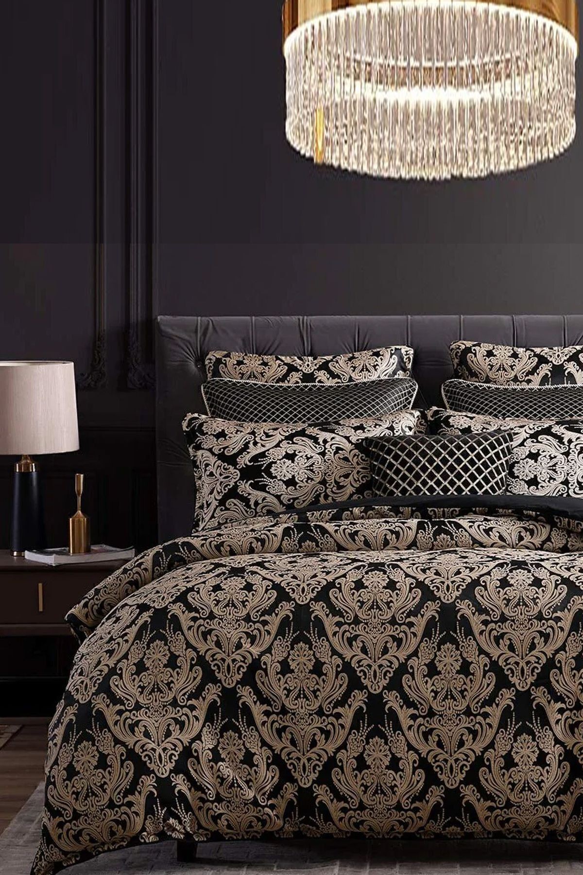 Lastikli Çarşaflı Nevresim Takımı Tek Kişilik Damask Bej