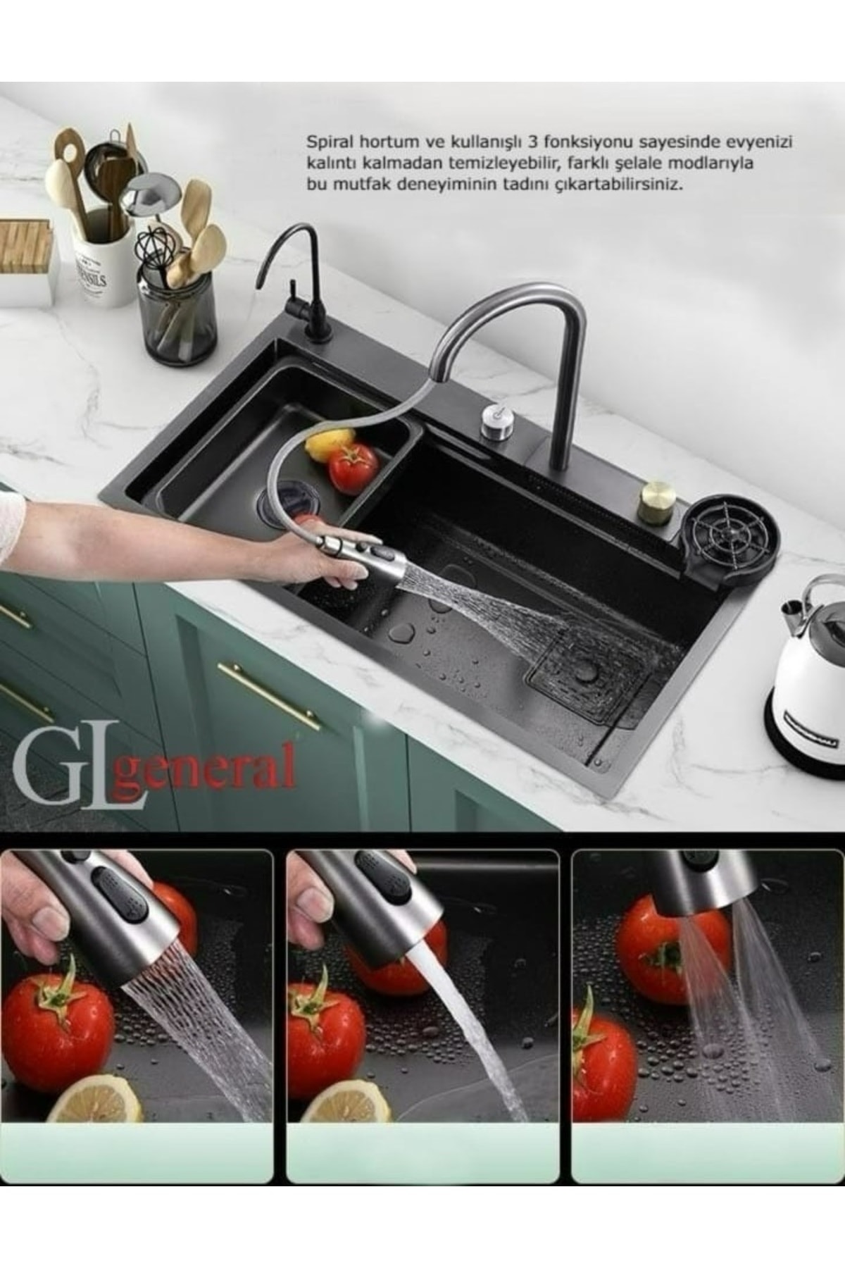 75x46 cm GLPR 7546GUN Maxi Antrasit Akıllı Şelale Eviye, Akıllı Mutfak Lavabosu