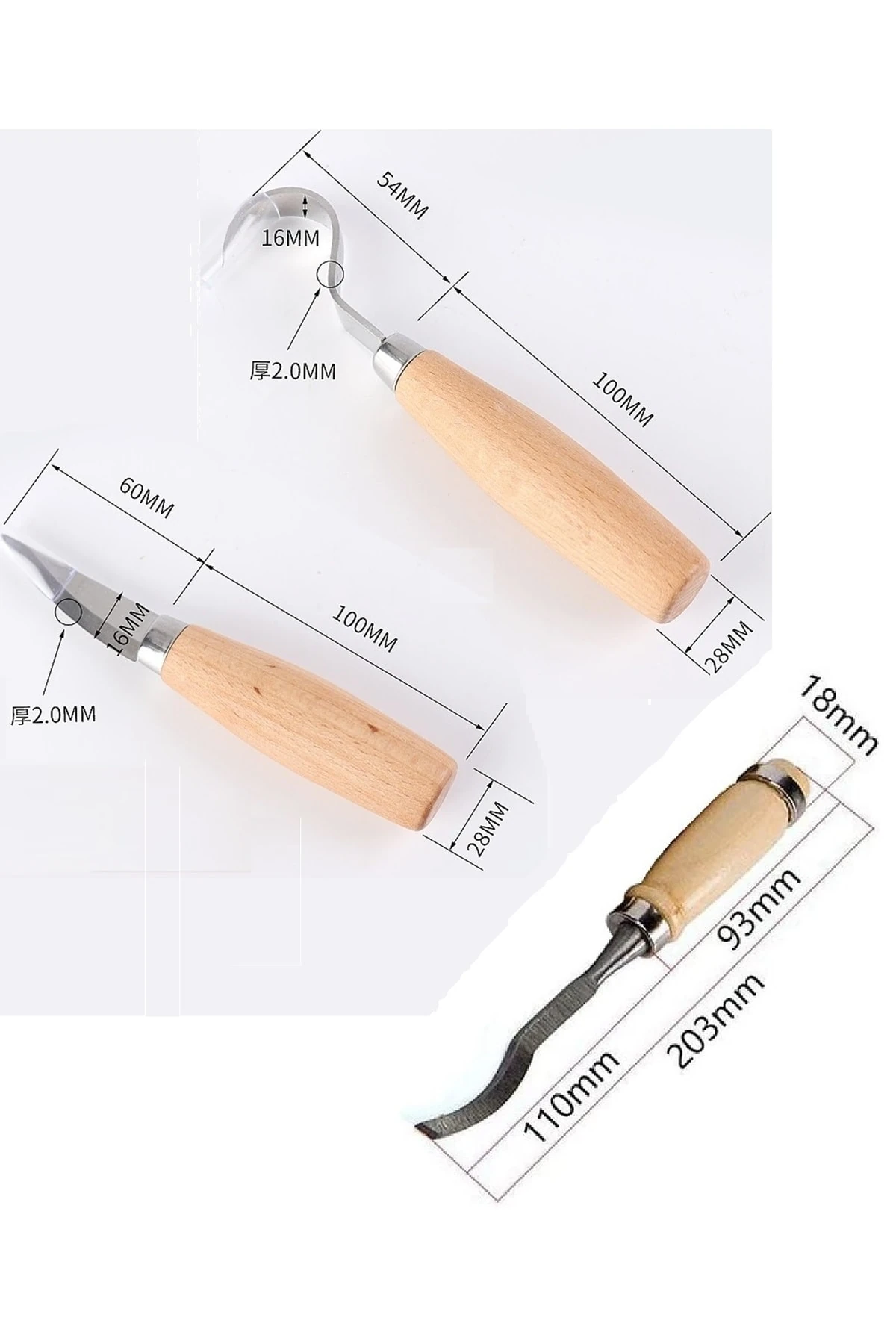 Ahşap Oyma Bıçak Alet Seti Kaşık Kuksa Oval Düz Oyma Yontma Bıçağı 3 Parçalı Set