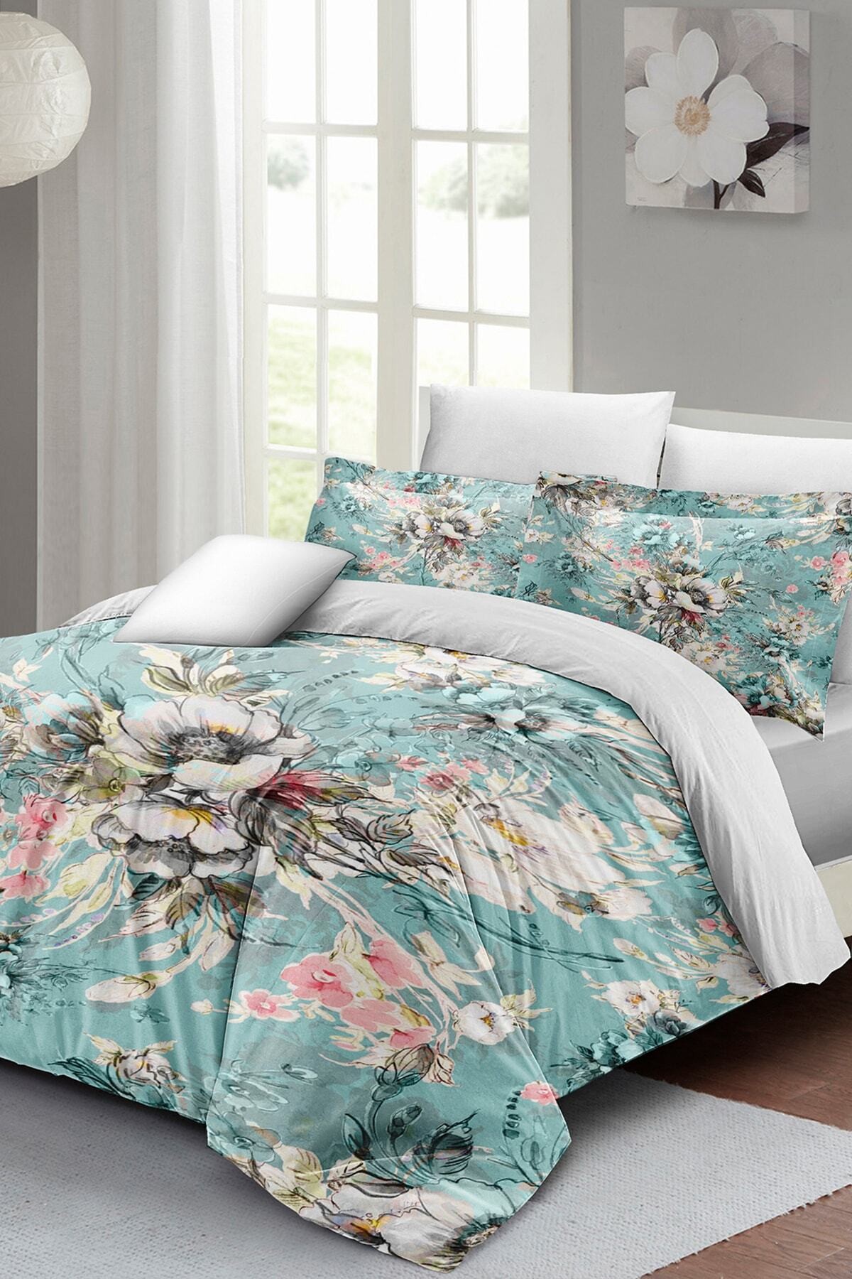 Kıng Sıze Floral Desing Luxury Çift Kişilik Pamuk Saten Nevresim Takımı 220x240cm