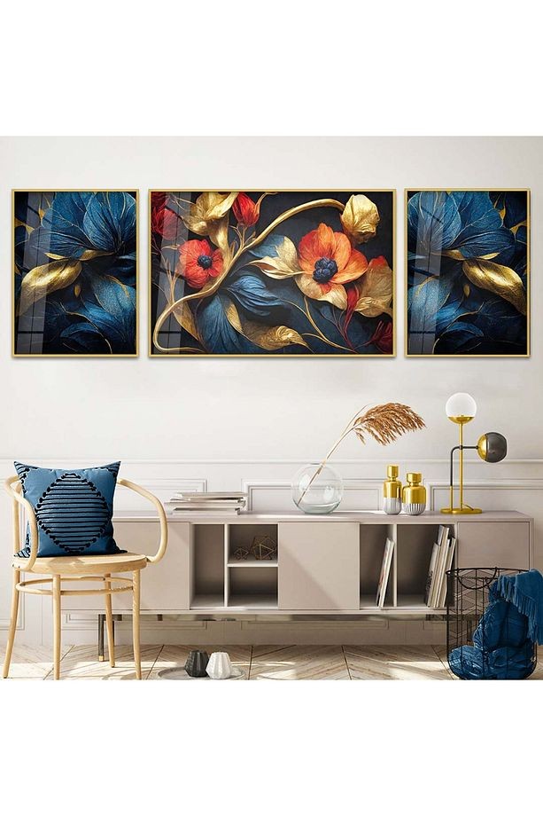 Gold Metal Çerçeveli Mavi Çiçek Soyut Desen Üçlü Kırılmaz Cam Tablo Seti