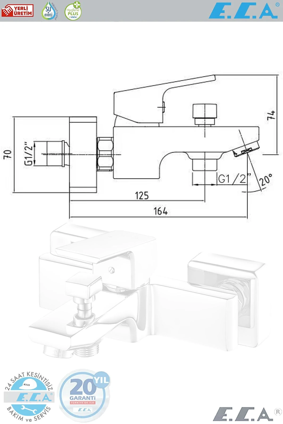 E.c.a Tiera Banyo Duş Bataryası Krom Banyo Bataryası 102102469 ( 20 Yıl Garantili )