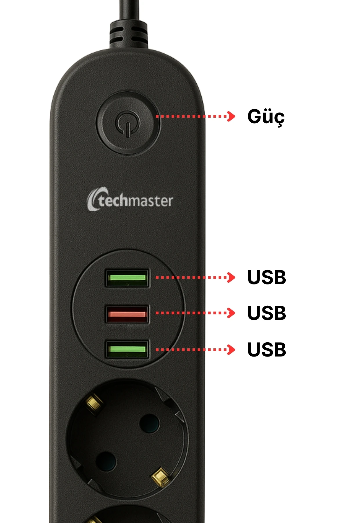 Çocuk Güvenli 4'lü Priz, Siyah, 2m Kablo, Güç ve Güvenlik Birlikte