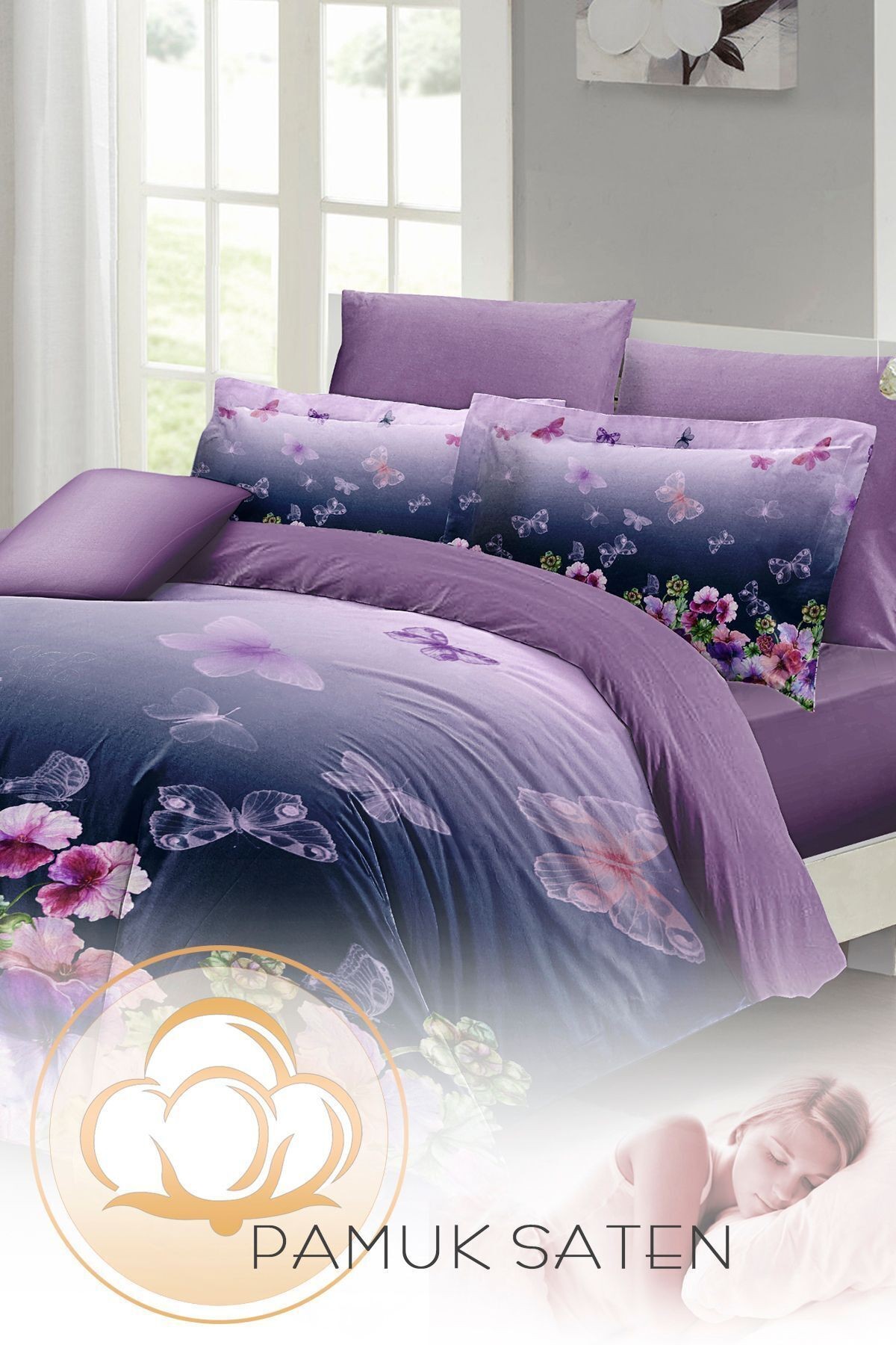 Anneler Günü Çift Kişilik Nevresim Takımı Özel Dokuma Pamuk Saten Butterflies Dream