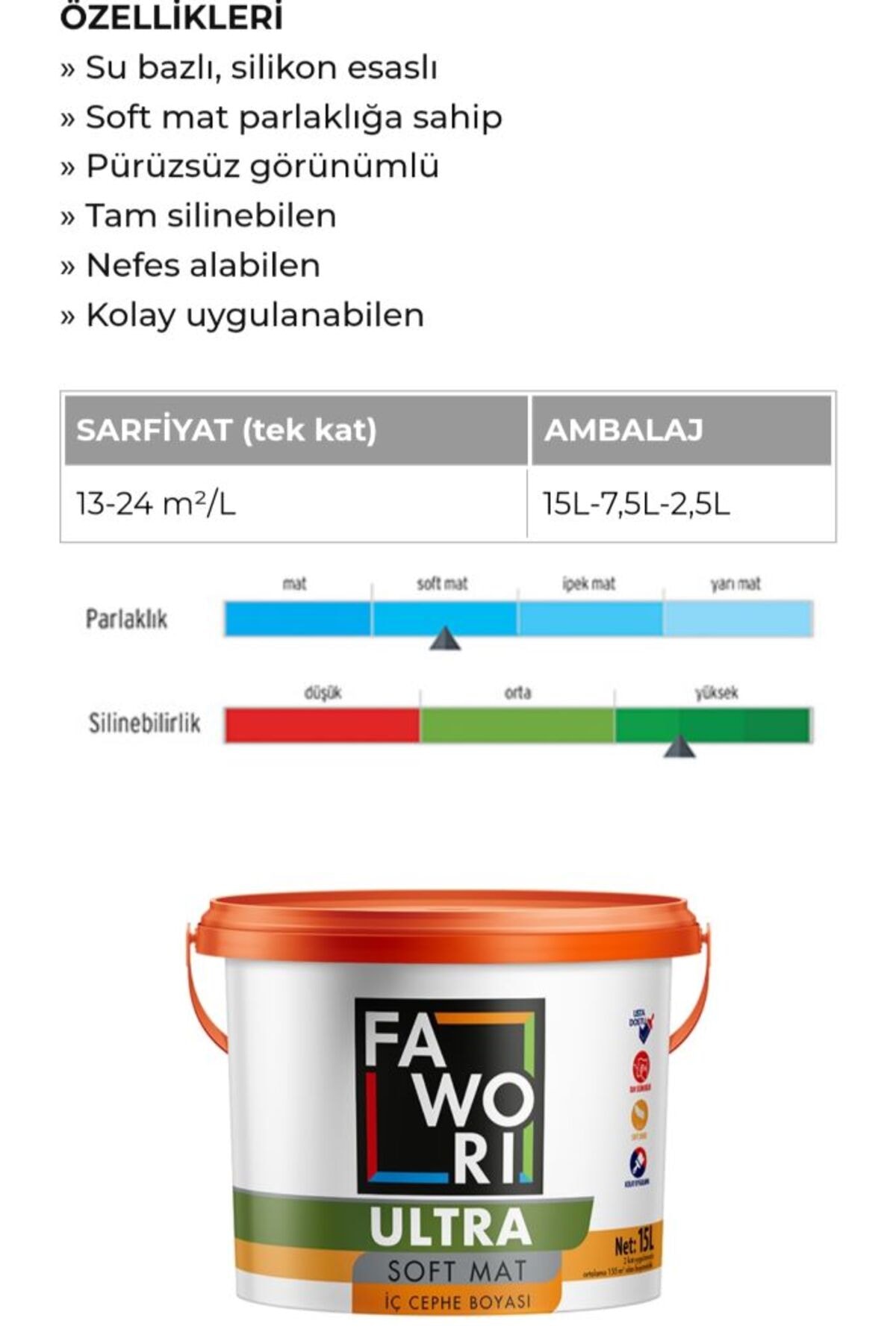 Fawori kozmik ipek tam silinebilir boya 7.5 Lt