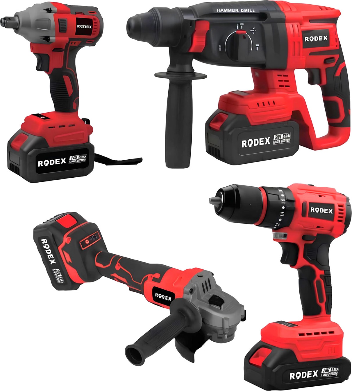 Rodex 20V Akülü 4’lü Şarjlı Matkap Seti Darbeli Matkap, Vidalama, Somun Sıkma ve Taşlama Makinesi