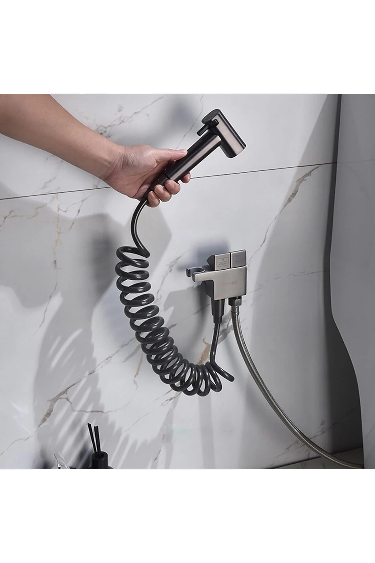 Banyo Bide Basınçlı Püskürtücü Taharet Musluğu Klozet Hortumu Antrasit Renk İthal 7 Yıl Garantili