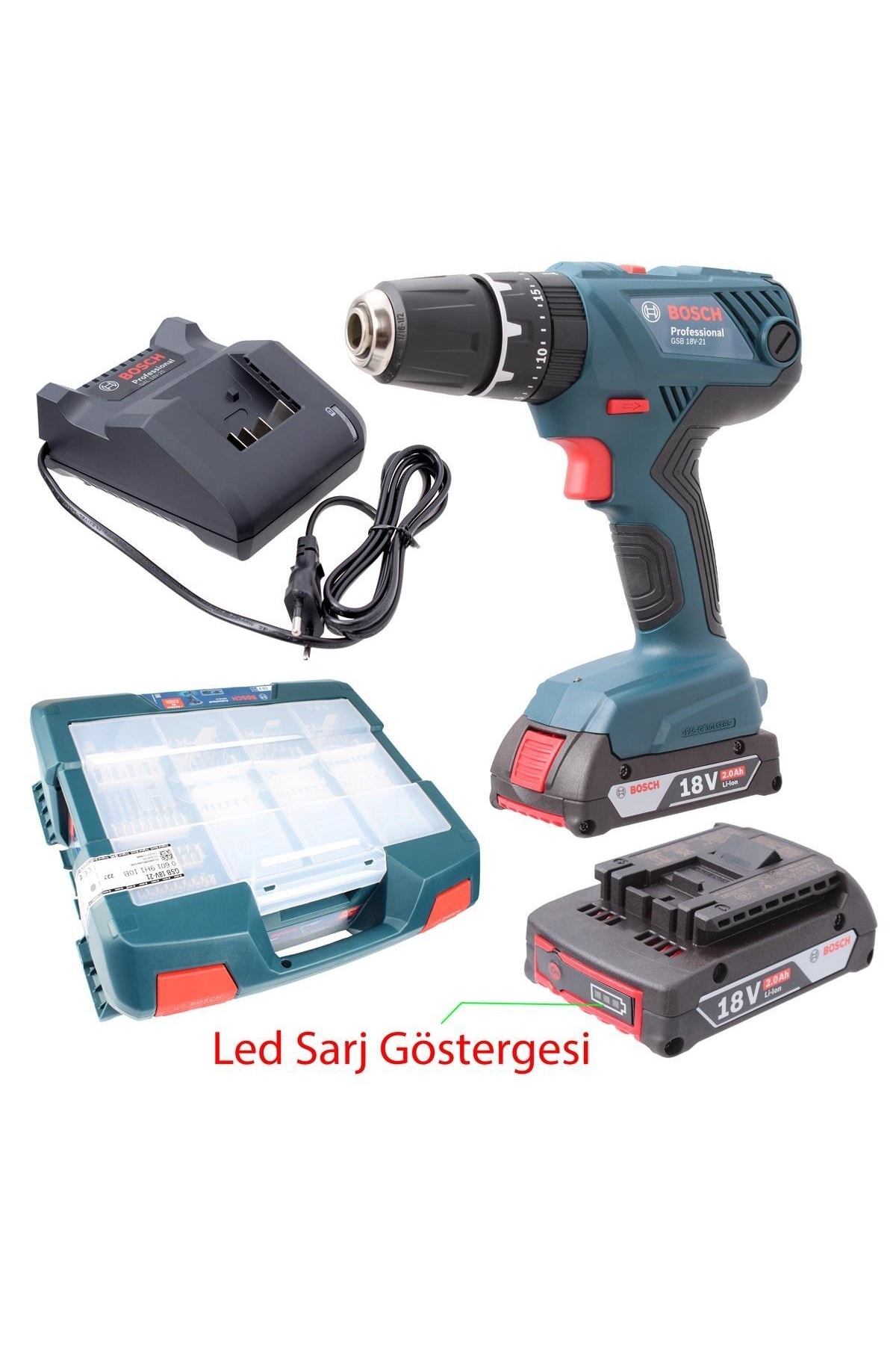 BOSCH Gsb 18v-21 Akülü Darbeli Vidalama 2ah + 63 Parça Aksesuar Seti