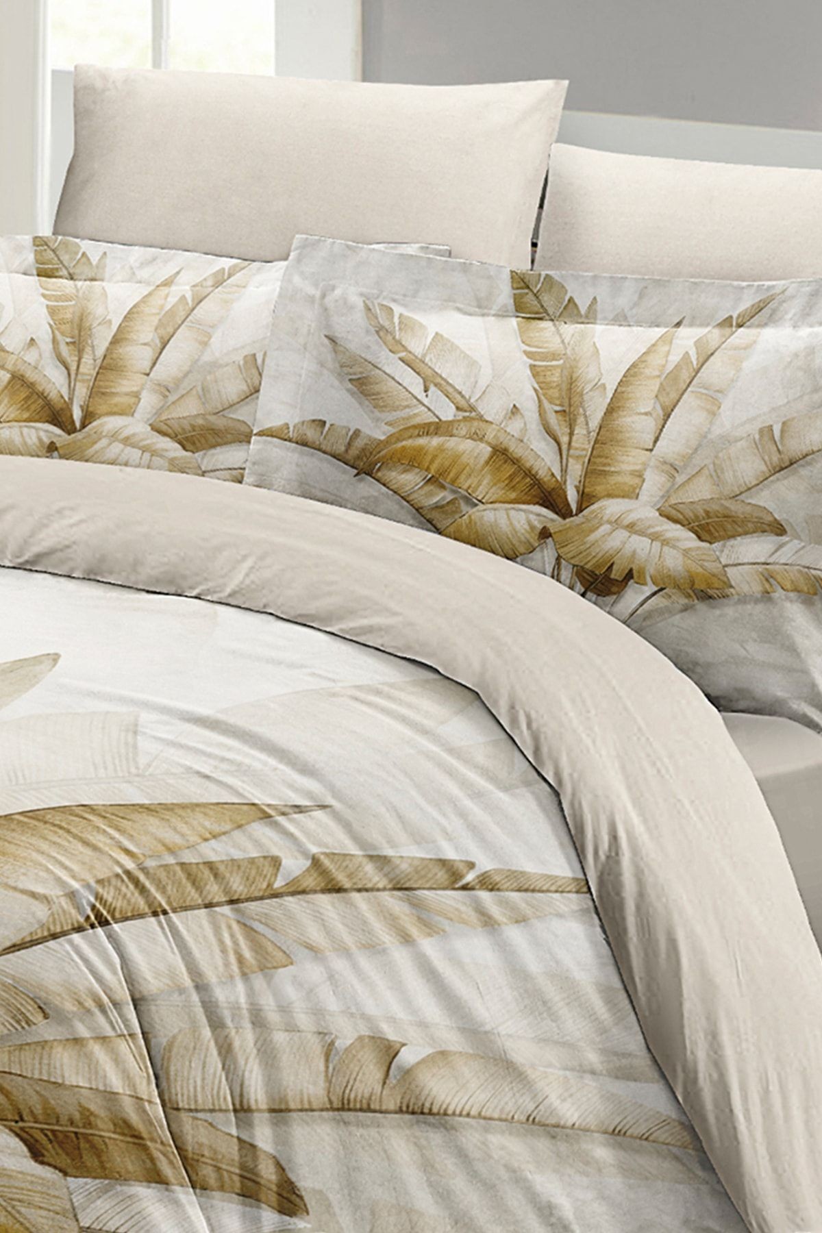 Retro Palm Luxury Çift Kişilik Pamuk Saten Nevresim Takımı