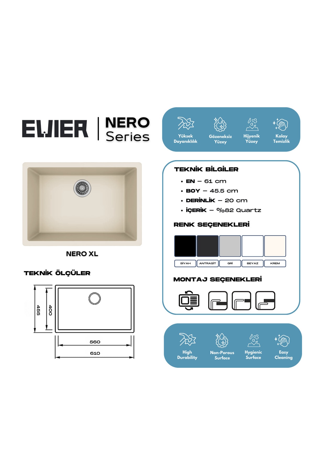 Granit Evye NERO XL Series Antrasite I ANTRASİT (FÜME) I (61x45.5)