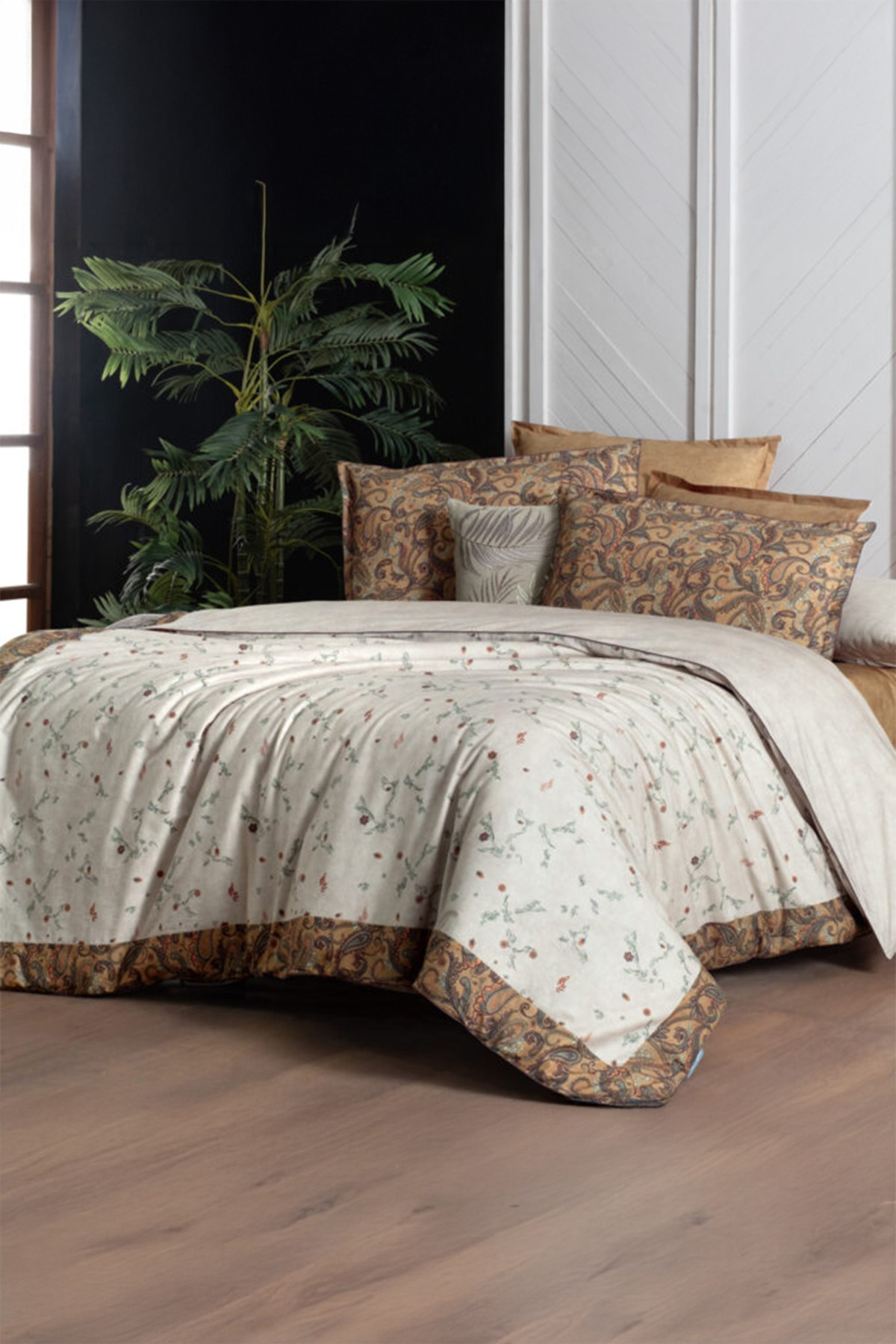 Saura Bej %100 Pamuk Fancy Poplin Çift Kişilik Nevresim Takımı