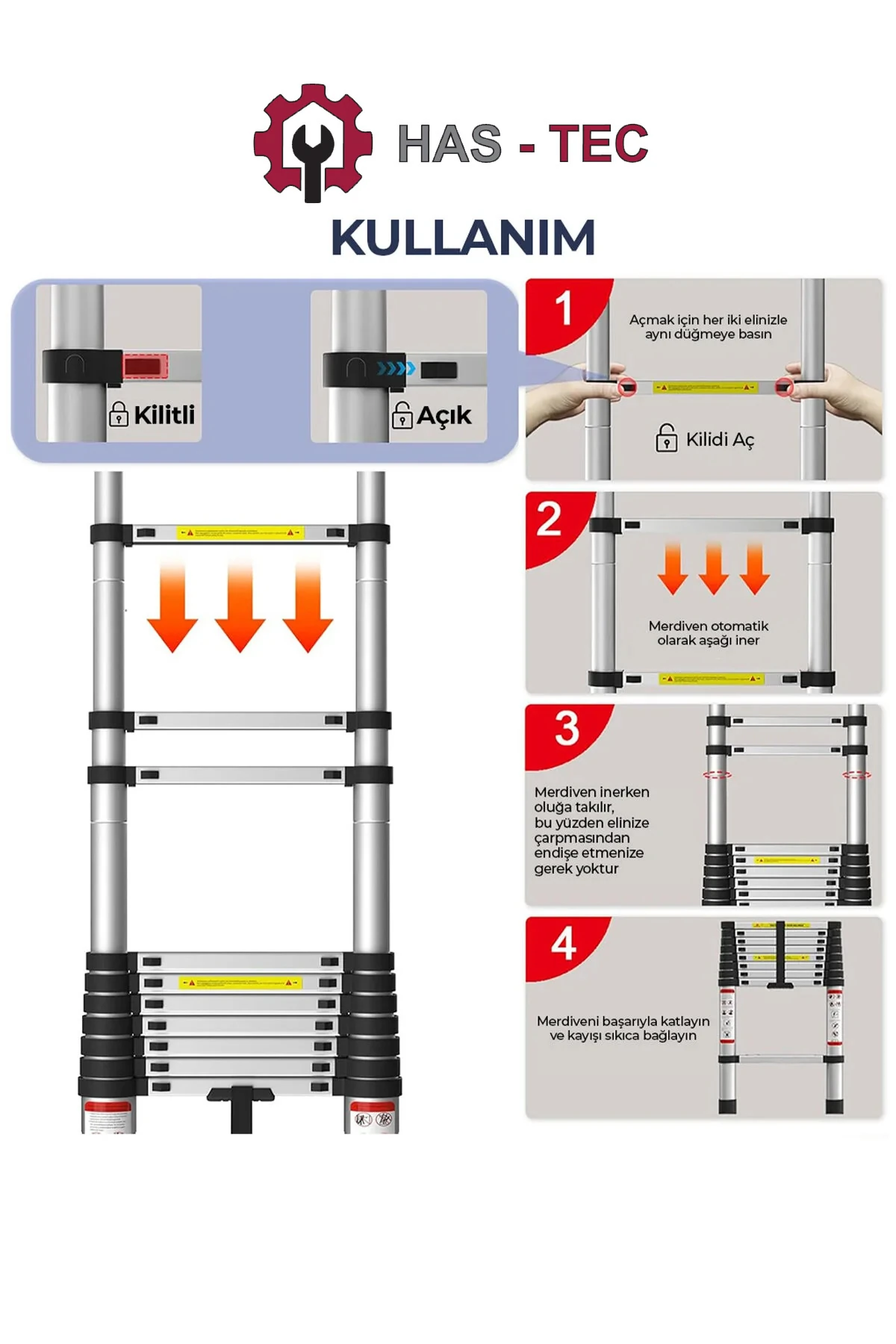 13 Basamaklı Düz Uzayan Teleskopik Merdiven 3,8 m