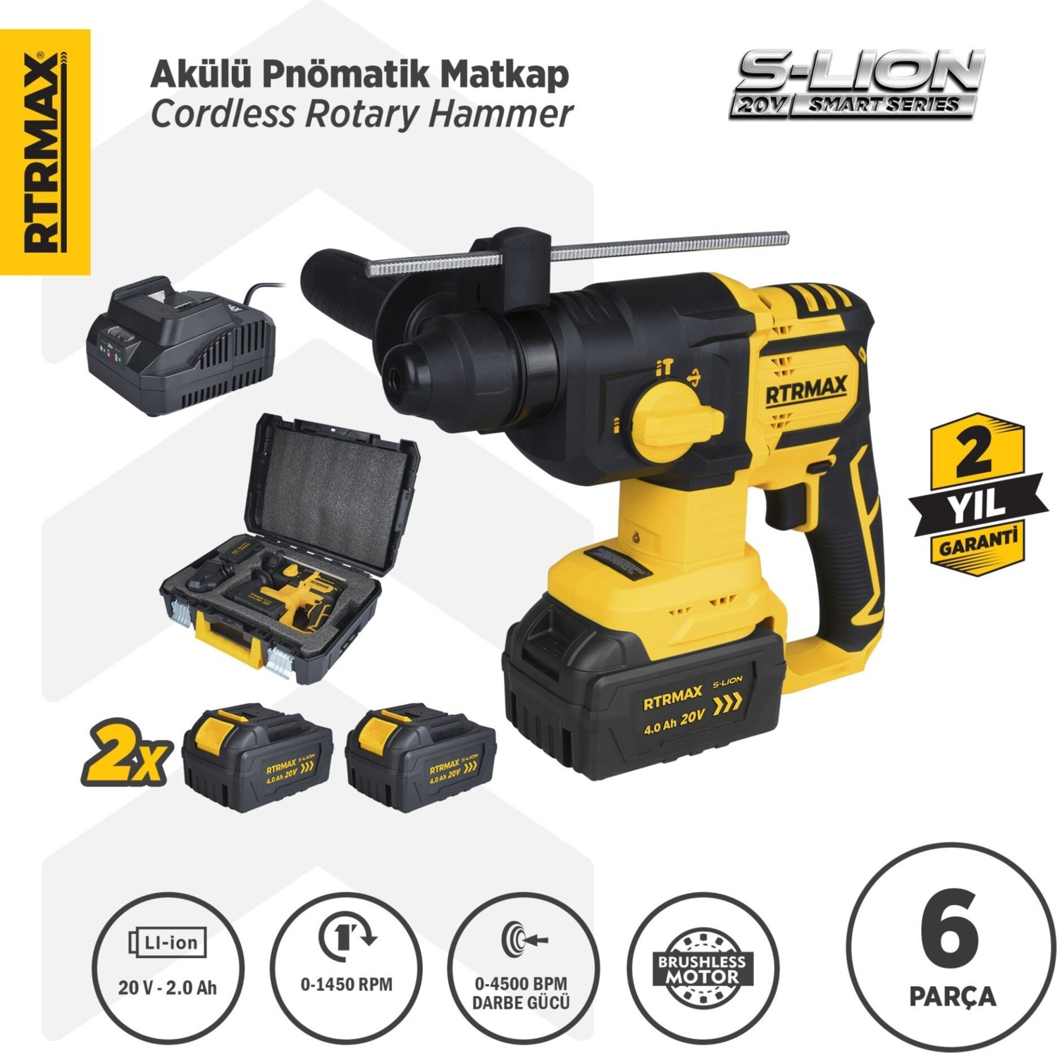 RTS5040 Şarjlı Sds Plus Kırıcı ve Delici Kömürsüz 1.8Jul 26mm 2x4 Ah 20V Çift Akü S-Lion - Akü Dahil
