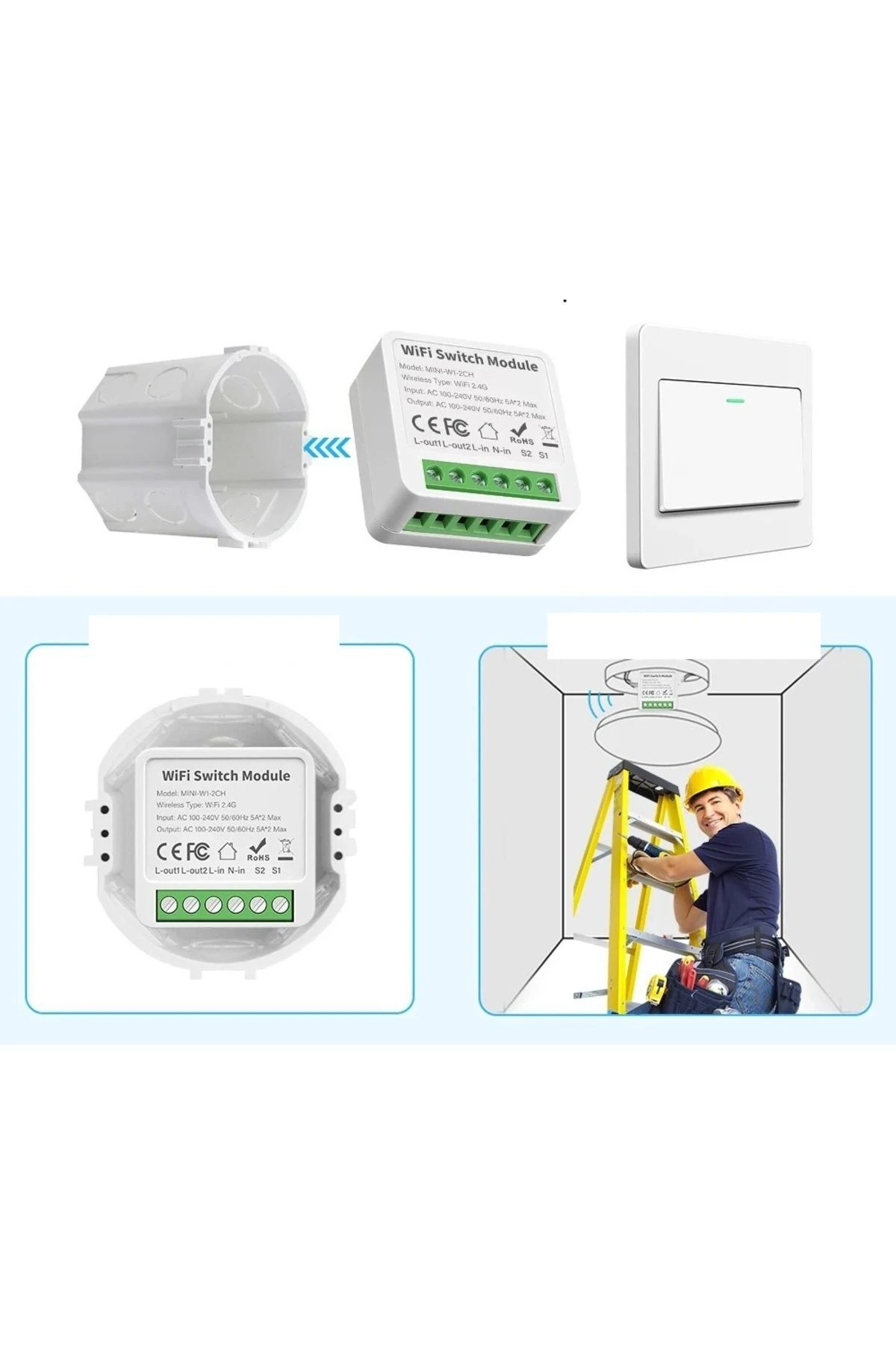 Aubess Akıllı Anahtar 2 Çıkış Panjur Kepenk vs Kontrol ( Kuru Kontak )