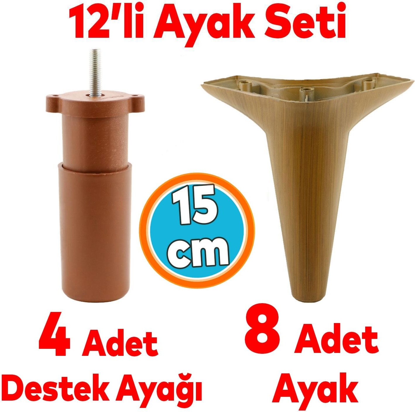 Mobilya Kanepe Sehpa Tv Ünitesi Koltuk Ayağı 15 cm Kahverengi Baza Ayak 12'li Set