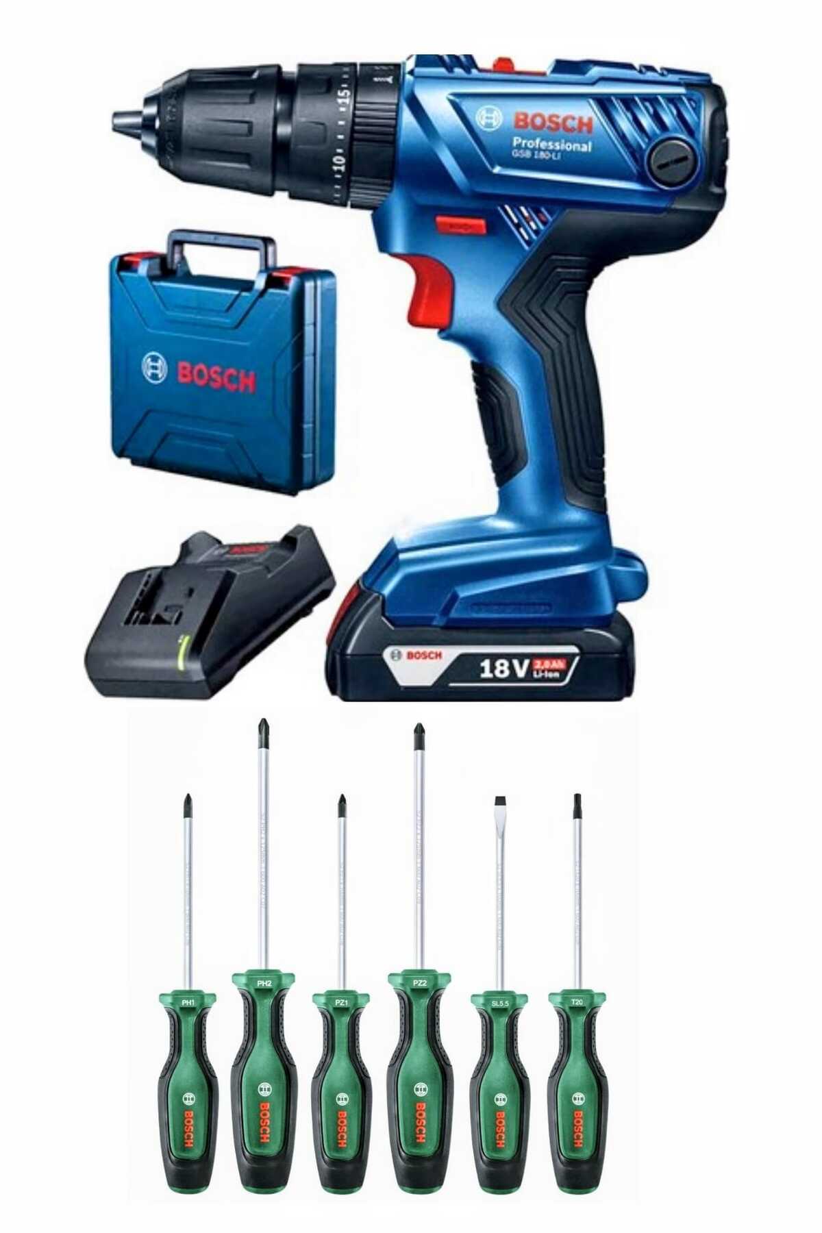 BOSCH Gsb 180 li Darbeli Tek Batarya Şarjlı Matkap Vidalama ve  6 lı Tornavida Seti Hediye