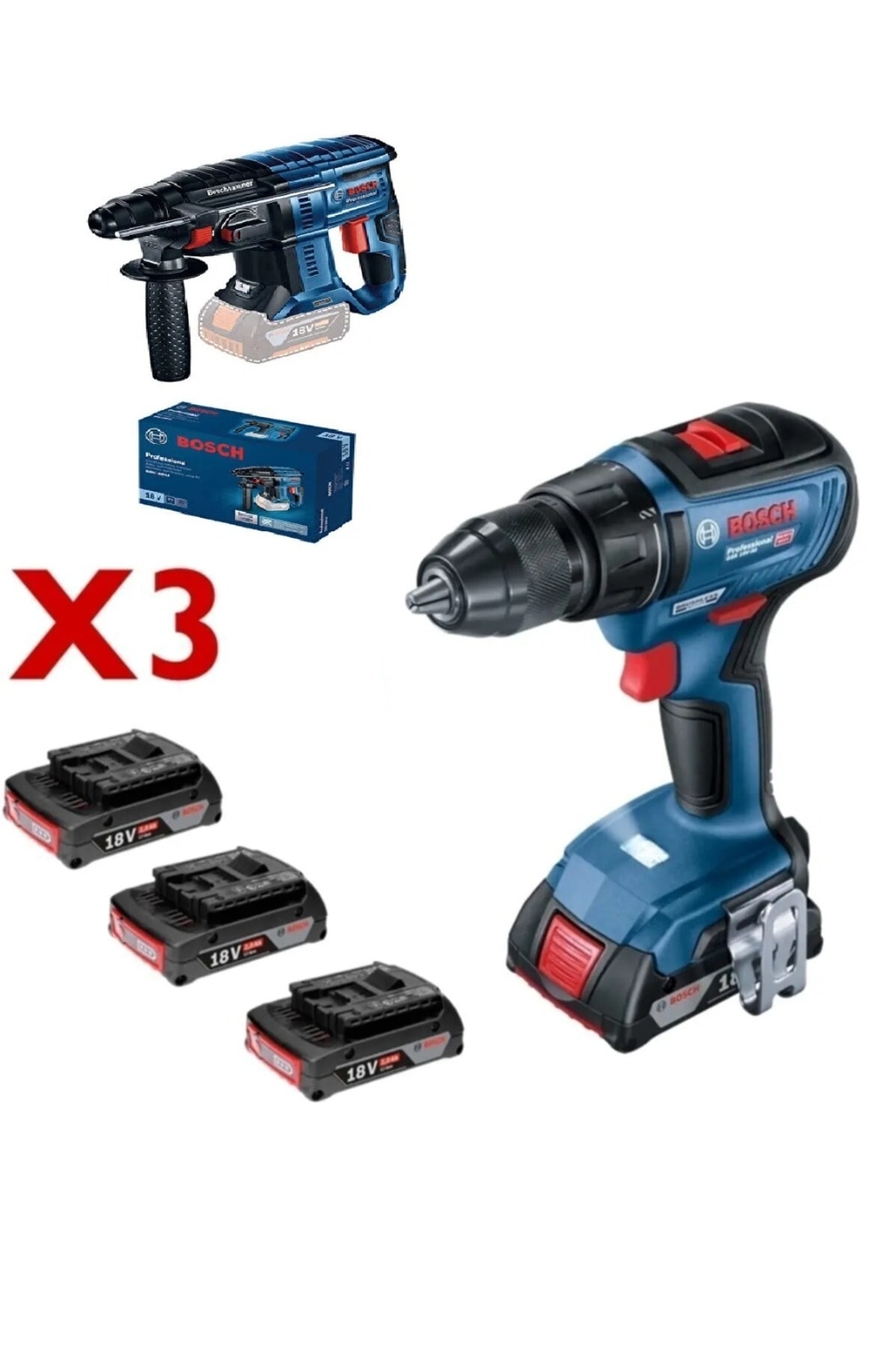 BOSCH GSR18V-50 Akülü Vidalama+GBH180-Li Şarjlı Kırıcı Delici+3x 2Ah Akü+1xDolum Cihazı