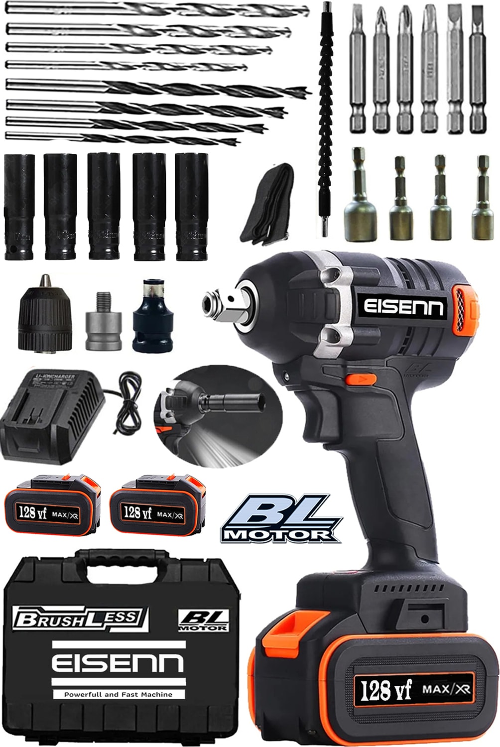 Alman Air Strong Kömürsüz Motor 128 Vf 10 Ah Samsung Çift Akülü Somun Sökme + Vidalama Uç Seti Hediyeli