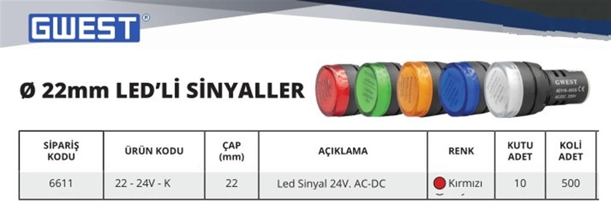 22MM Kırmızı 24V. Sinyal Lambası