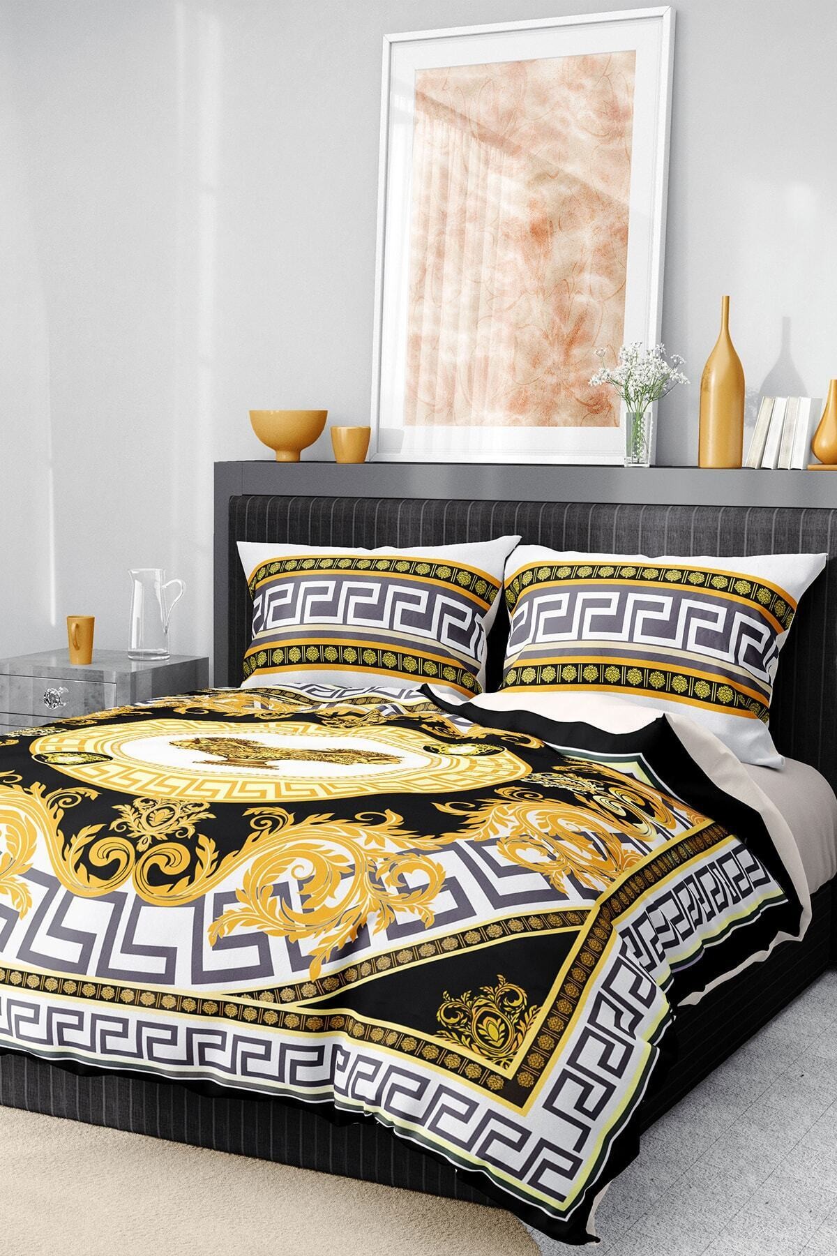 %100 Pamuk Saten Nevresim Takımı Lastikli Çarşaf Deluxe Çift Kişilik 3d Yellow