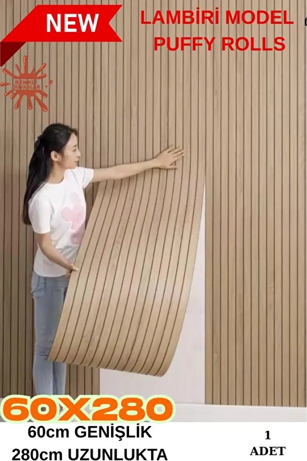 60cm x 280cm 1 Adet Yapışkanlı Açık Kahverengi Lambiri Desenli Akustik Duvar Paneli Kağıdı YG005