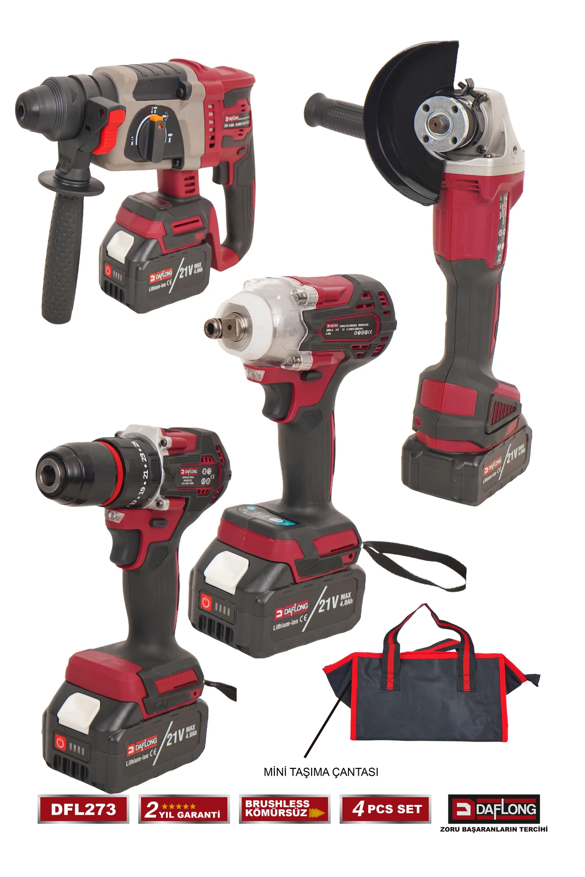 4'LÜ ÇANTALI USTA SETİ 600NM TORKLU+KIRICI DELİCİ HİLTİ+TAŞLAMA+ŞARJLI MATKAP DFL-273