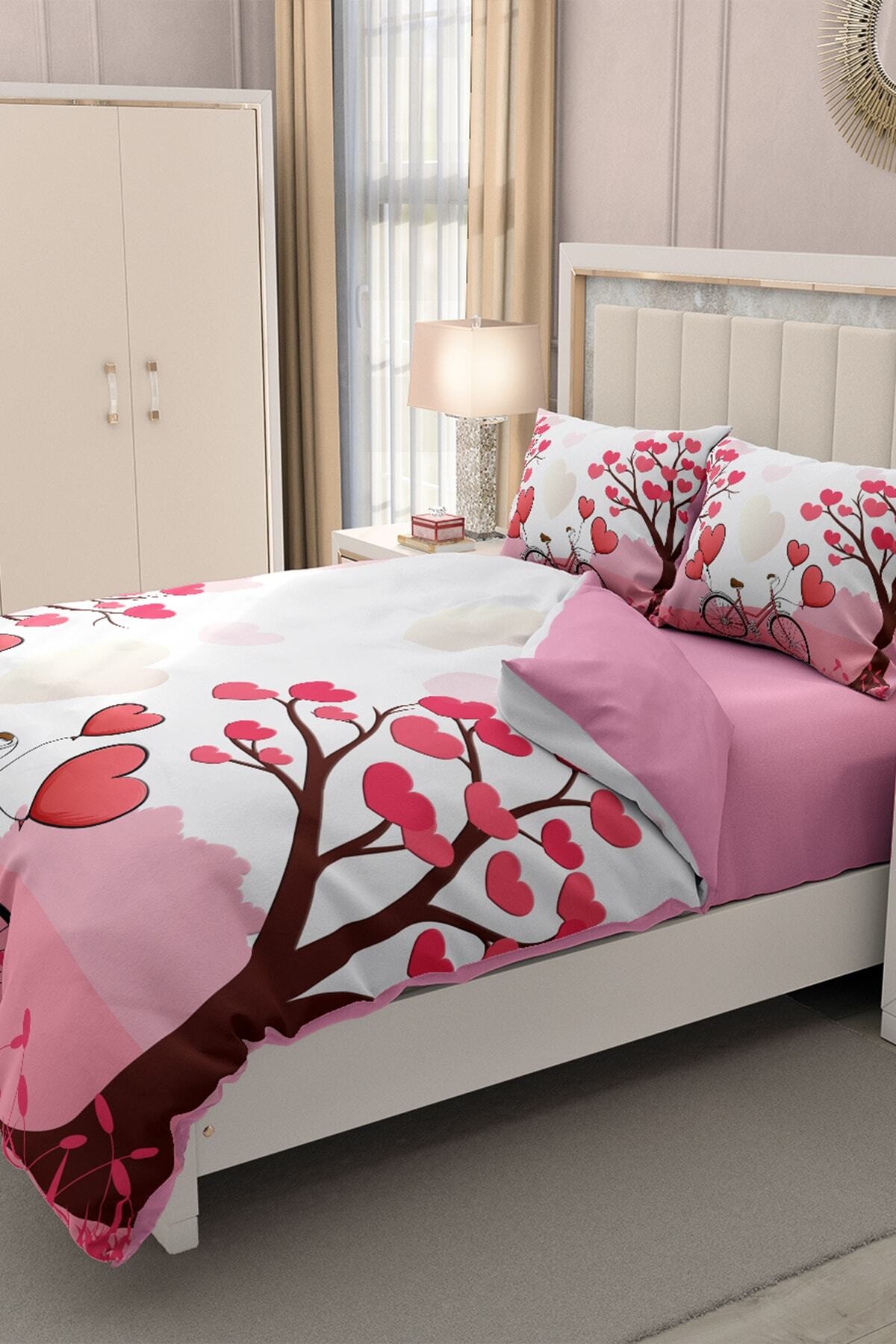 Kıng Sıze Sevgililer Günü Çift Kişilik Nevresim Takımı%100 Pamuk Saten Dilek Ağacı 220x240cm