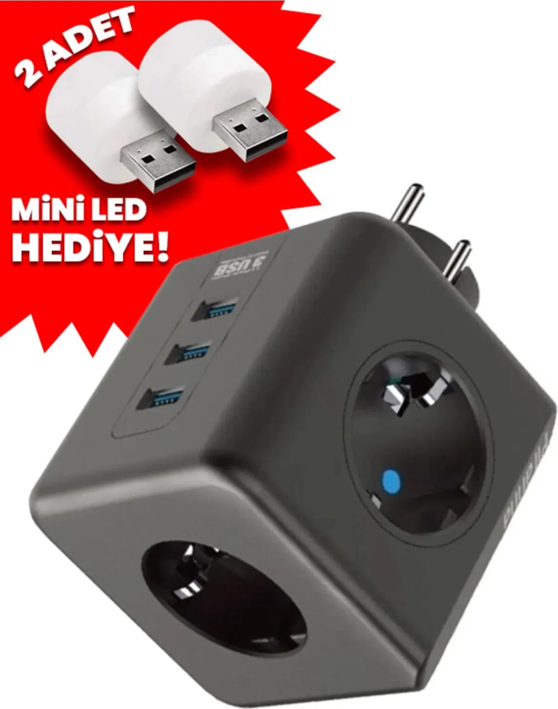 Termal Akım Korumalı 3'lü Duvar Tipi Priz 3 Usb'li Küp Priz Ftr-09 + 2 Adet Mini LED Lamba