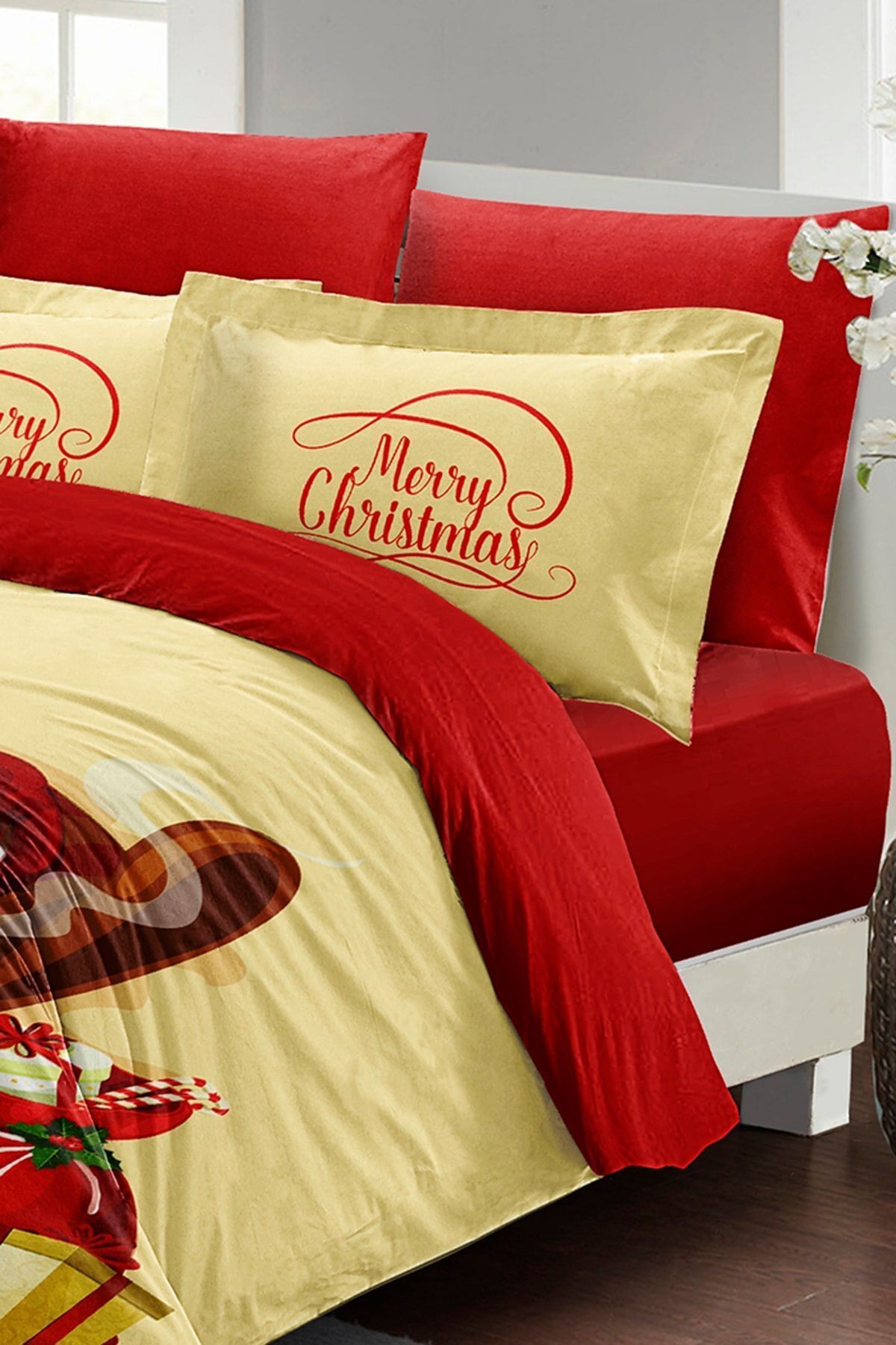 Yılbaşı Süsü Noel Baba Noel %100 Pamuk Saten 3d Çift Kişilik Nevresim Takımı