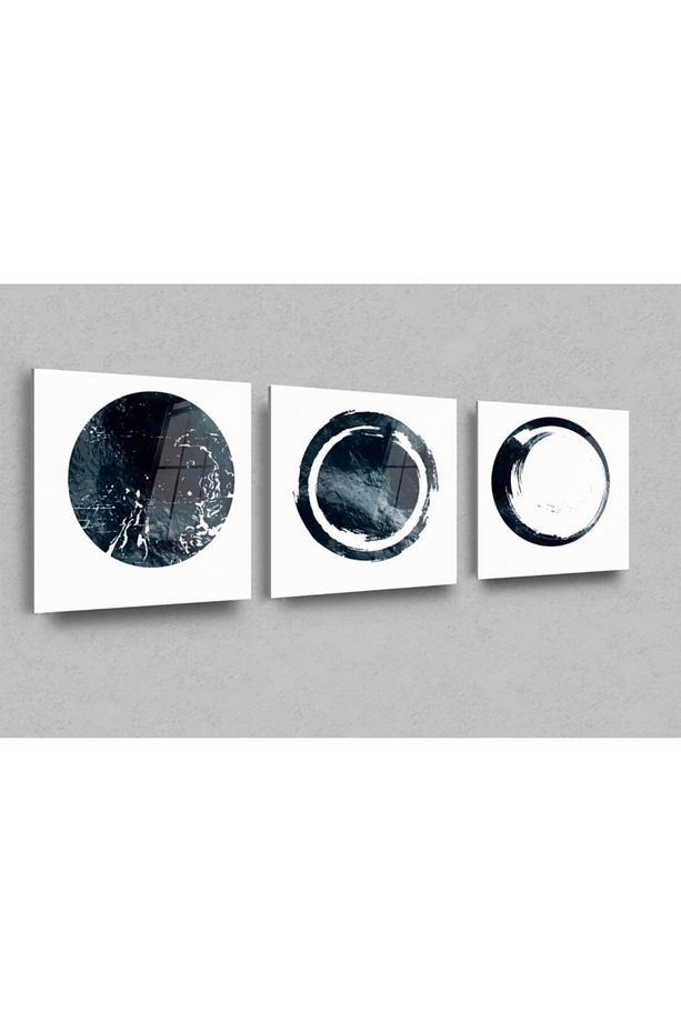 3lü Lacivert Dairesel Soyut Cam Tablo, Modern Tablo, Duvar Dekor, Büyük Tablo, Cam Duvar Tablo