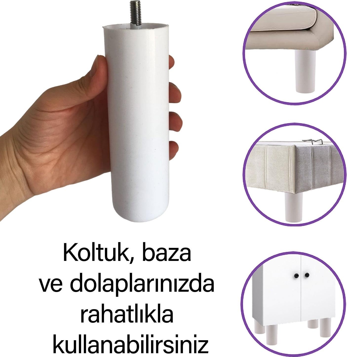 2 Adet Silindir Destek Ayağı 15 cm Beyaz Gizli Ayak M8 Civatalı Incediş Mobilya Kanepe Baza Koltuk