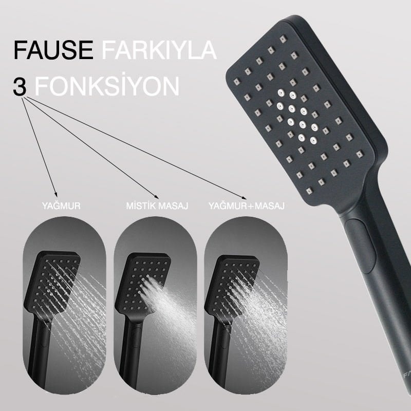 Teleskopik Kolonlu Tepe Duş Seti Robot Duş Yağmurlama 3 Fonksiyon El Başlıklı Siyah KDS122-2B