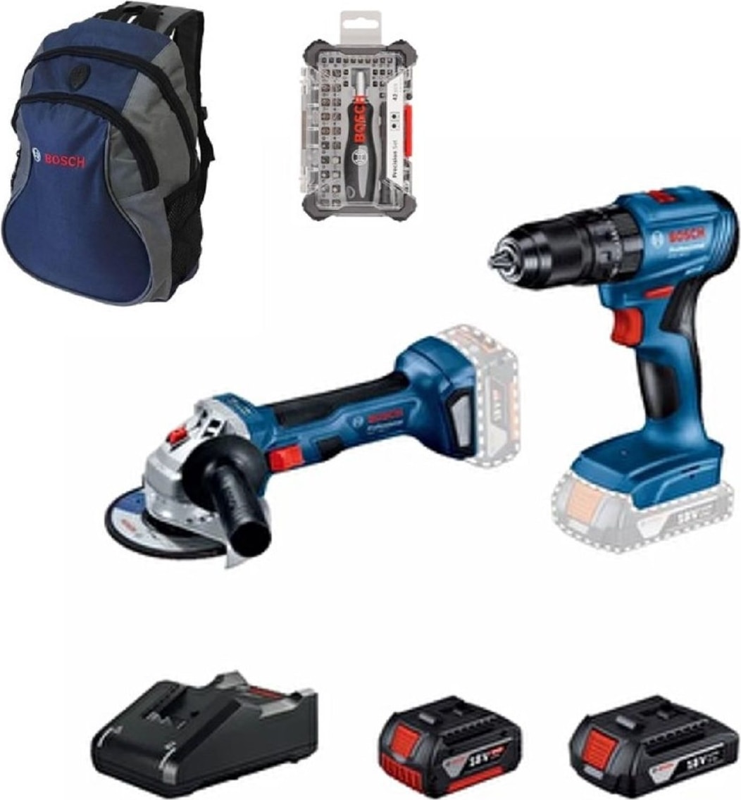 BOSCH Professional GWS 180-LI + GSB 185-LI 18V Akülü Vidalama 2+4 Ah Çift Akü Set - 06019H9026 +  42 Parça Hassas Vidalama - Bits Ucu Seti - 2607002835 +  Sırt Çantası (Yeşil)