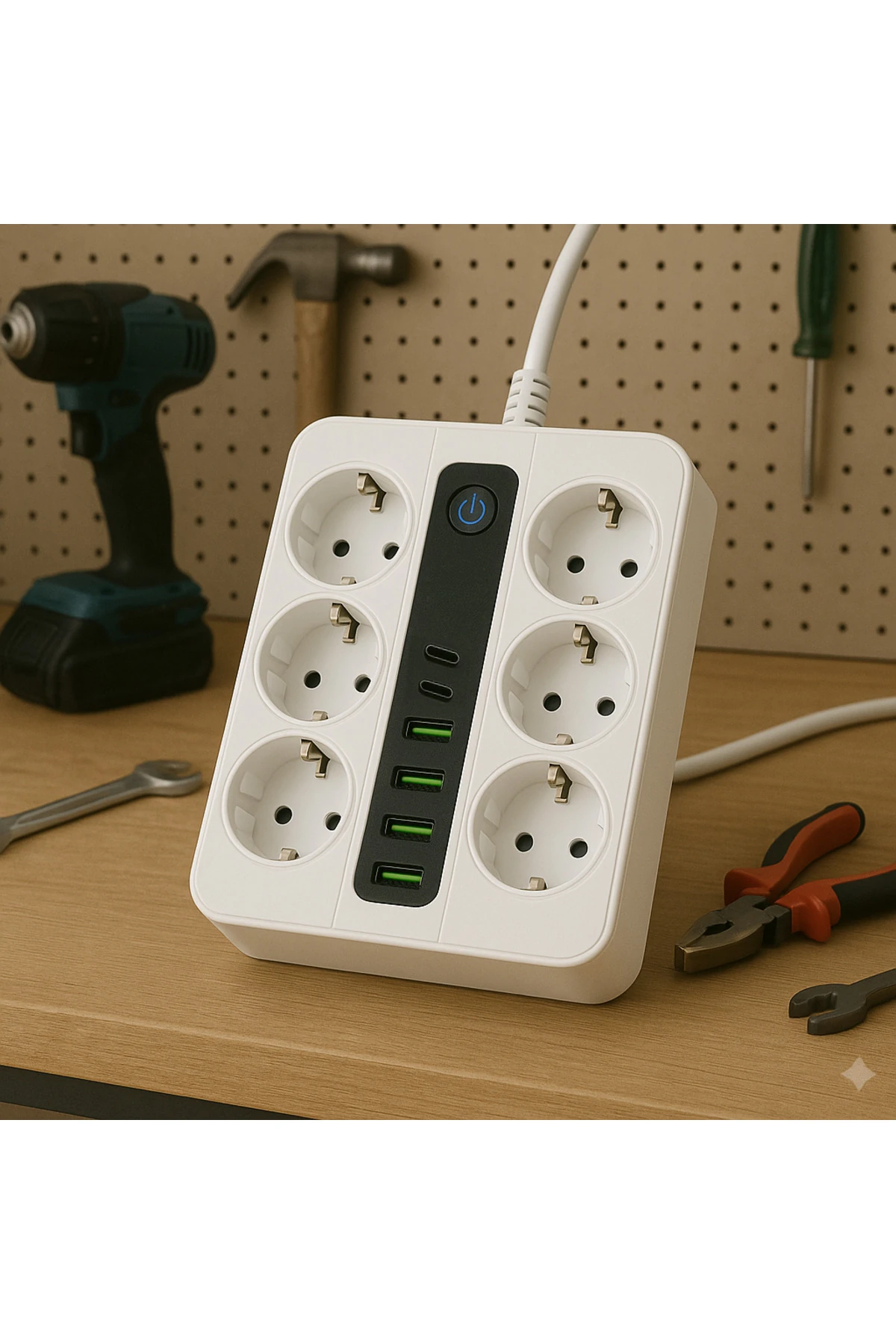 6 Prizli Akıllı Uzatma Kablosu – 4 USB-A + 2 Type-C Hızlı Şarj Çıkışlı Akım Korumalı , 2 Metre Kablo