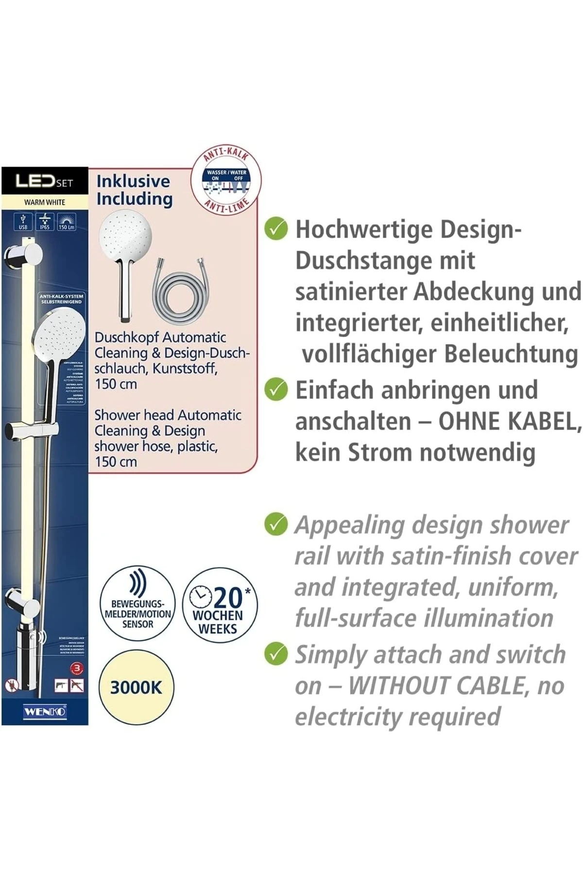 Led Tasarım Duş Çubuğu Seti, Led Işık Şeridi, Duş Hortumu Ve Başlığı Sıcak Beyaz