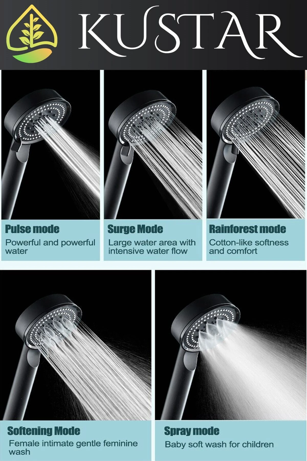 5 Fonksiyonlu Yüksek Basınçlı Spray Modlu Siyah Duş Seti 1,5m Örgülü Duş Hortumu Ve Askı