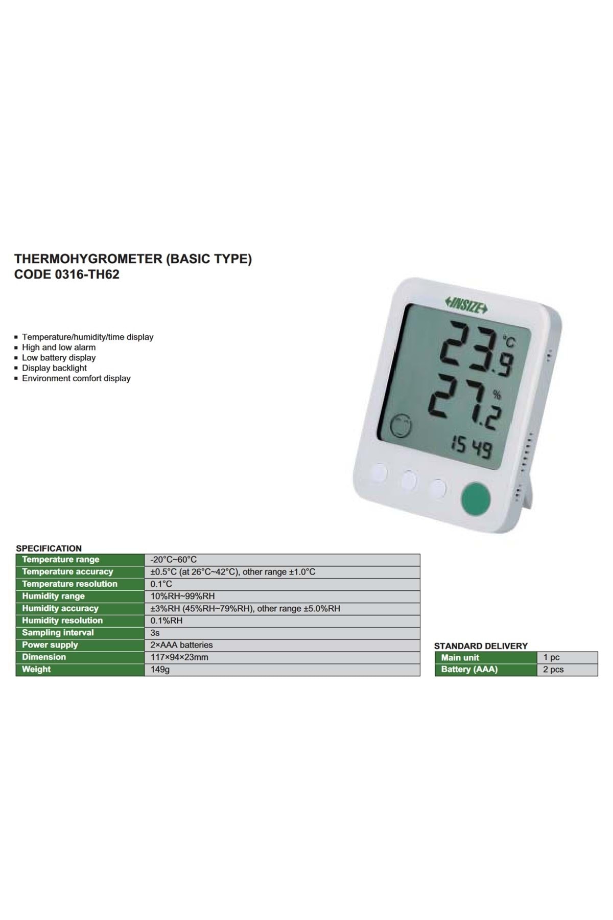 Insize 0316-TH62 Termohigrometre (Basit Model) SD
