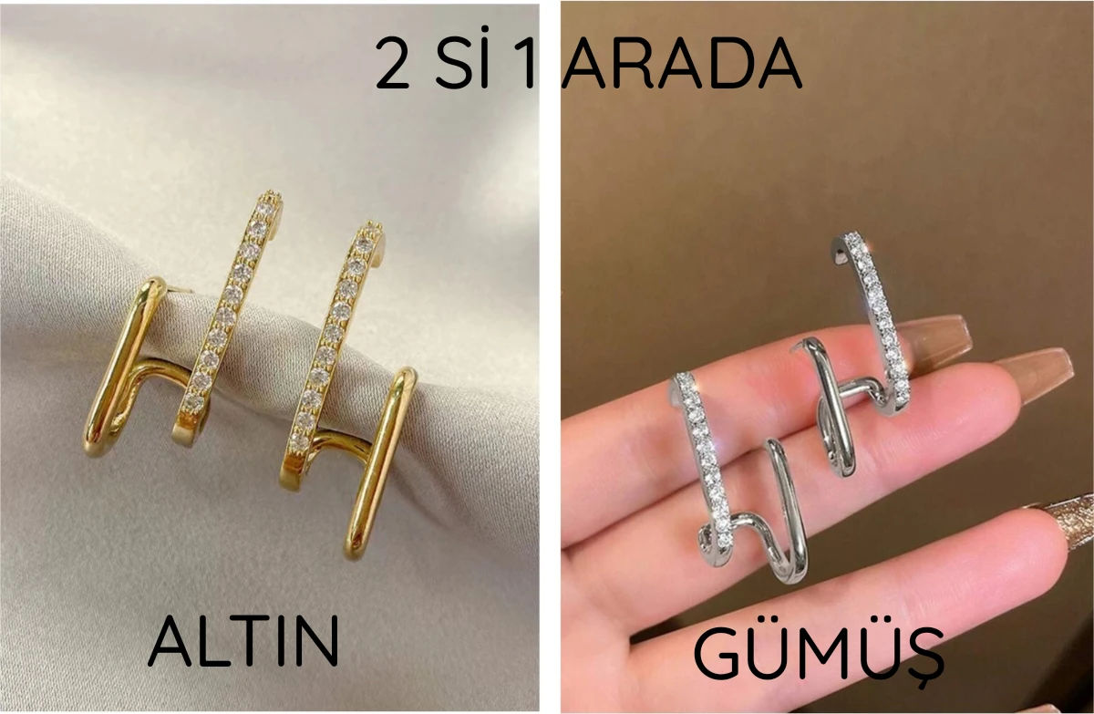 Gümüş ve Altın Renk Zirkon Taş Kadın Küpe