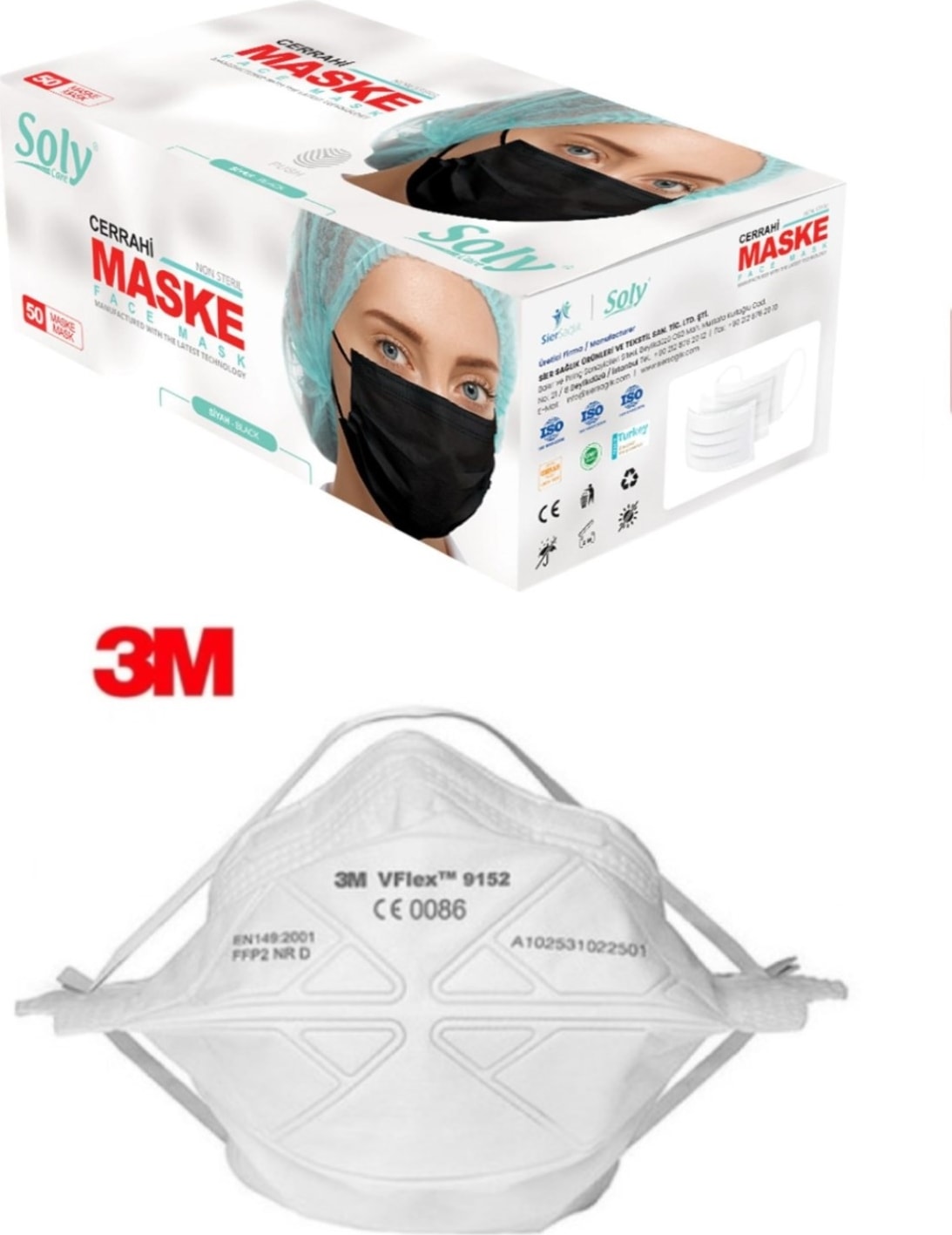 3 Katlı Telli Siyah Maske 100 Adet (2 Kutu) + 3m 9152 Ffp2 Maske 1 Adet