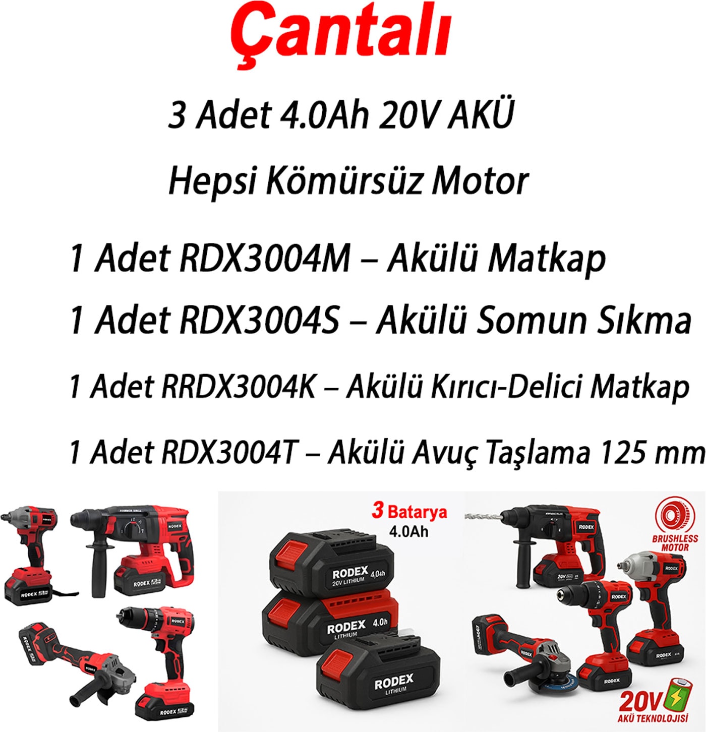Rodex 20V Akülü 4’lü Şarjlı Matkap Seti Darbeli Matkap, Vidalama, Somun Sıkma ve Taşlama Makinesi