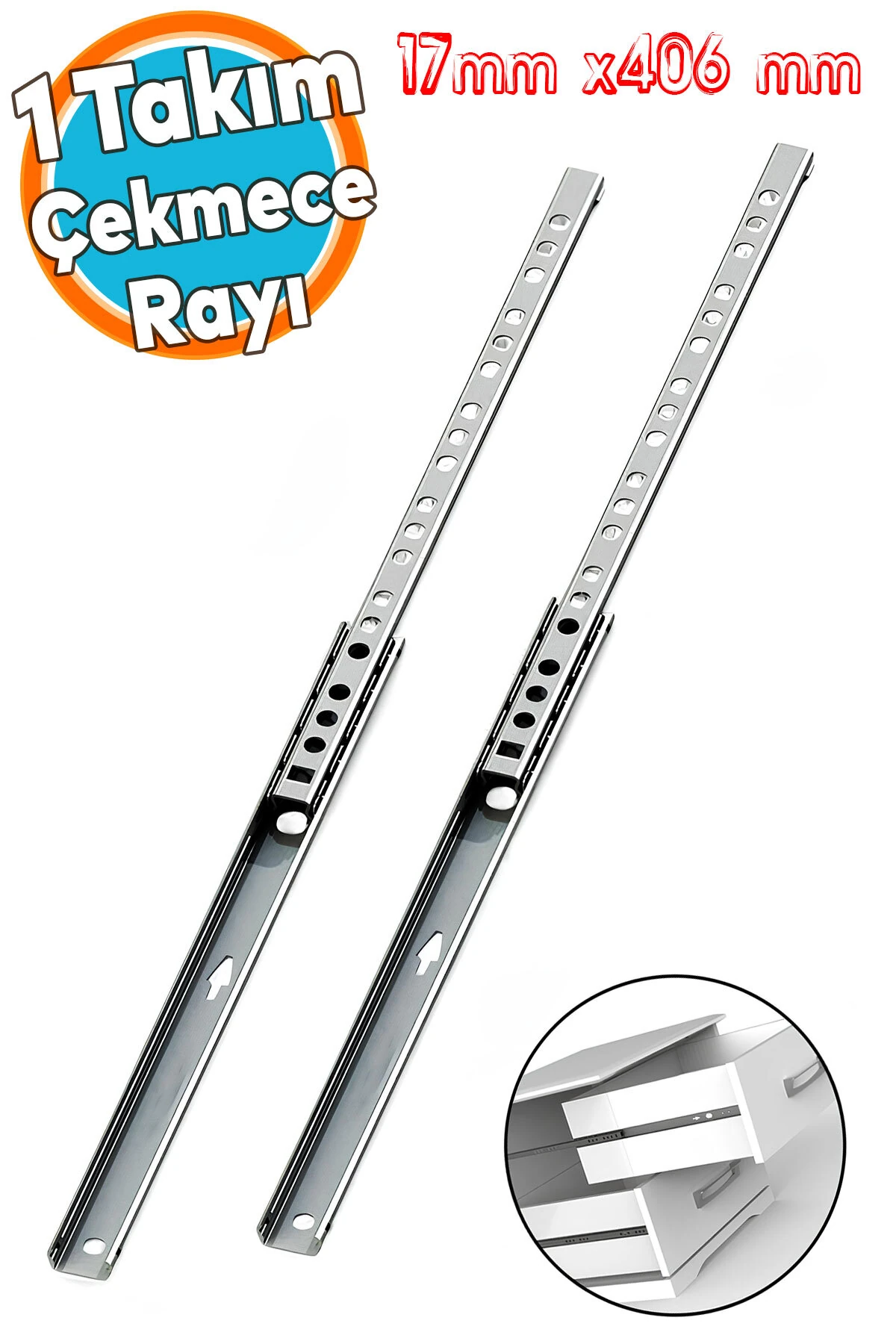 Teleskopik İnce Bilyeli Bilyalı Dolap Çekmece Rayı Sürgüsü Metal En 1.7 cm 17 mm Uzunluk 40,6 cm