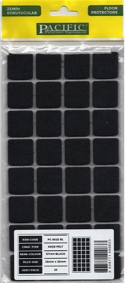 çınar ticaret pacific 6025 bl yapışkanlı keçe 25 mm x 25 mm siyah